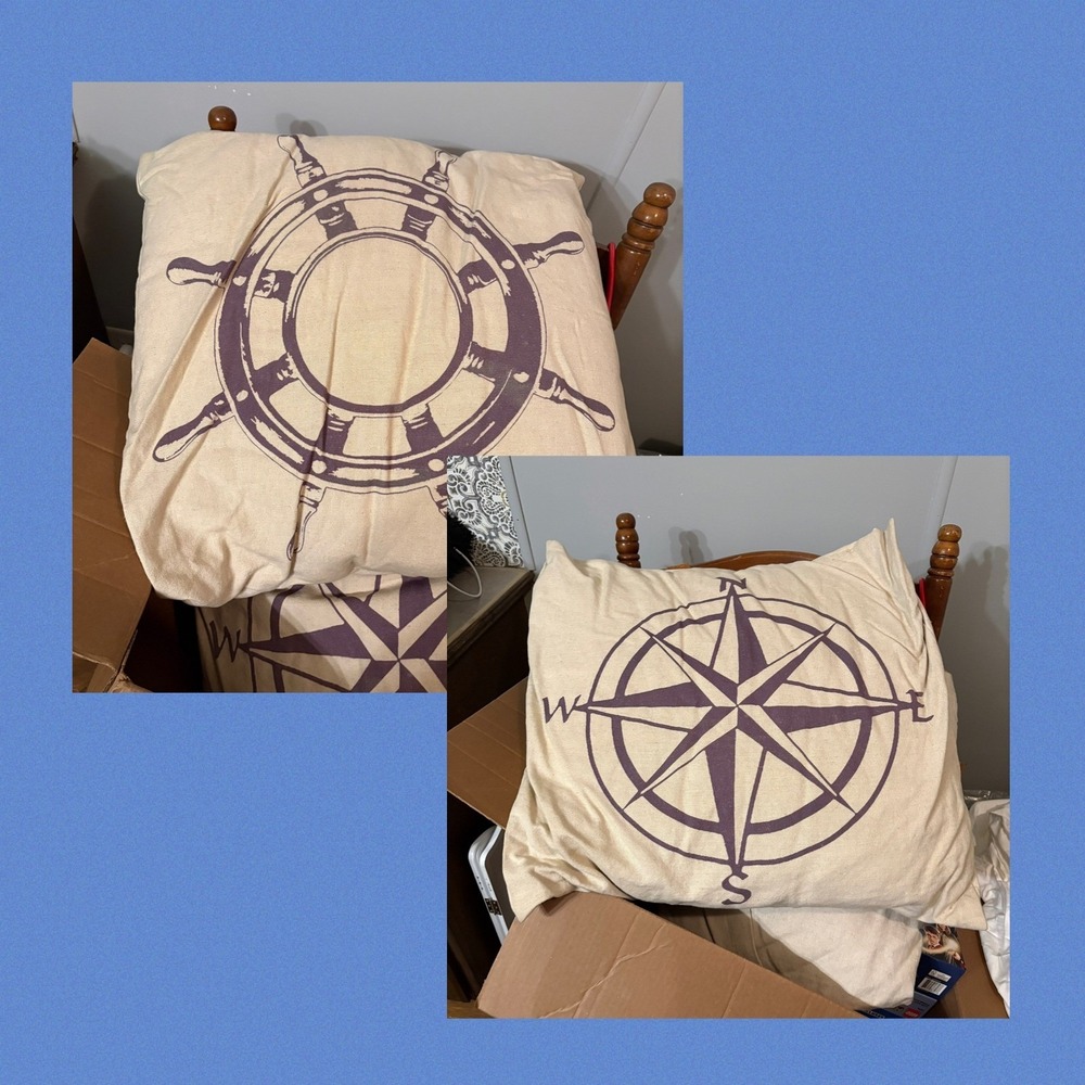 Set of 2 Nautical Beach 24"‎ Canvas Decorative Pillowcases - Compass, Wheel